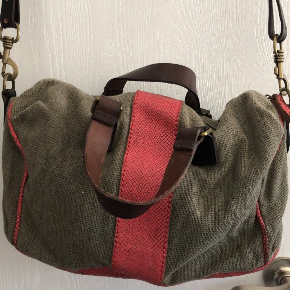 Liebeskind Olive Canvas Satchel with Red Stripe and Brown Leather